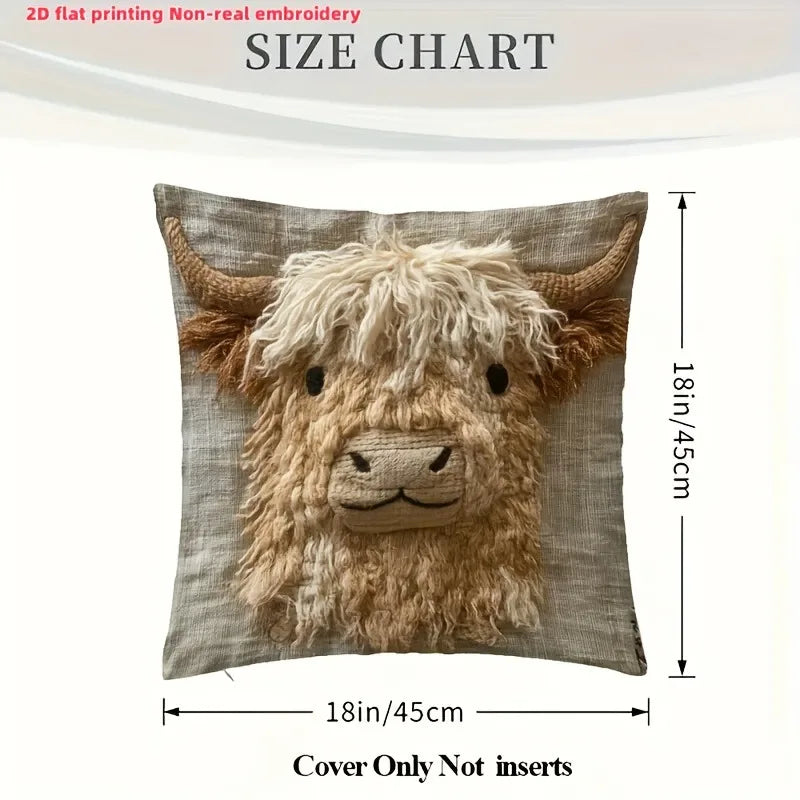 Cute Highland Cow Design 2D Flat-Printed Pillow Cover
