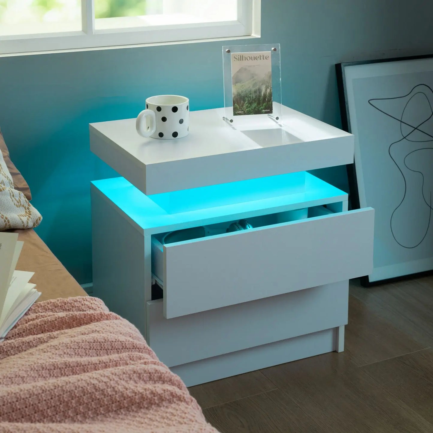 Set of 2 LED Nightstand with 2 Drawers, with LED Lights