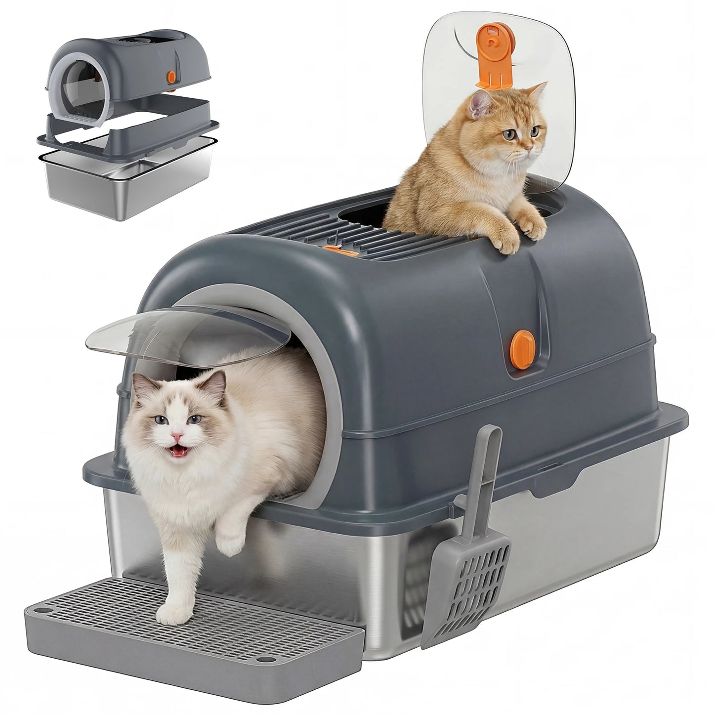 Stainless Steel Cat Litter Box with Fully Enclosed Scoop and Mat Included
