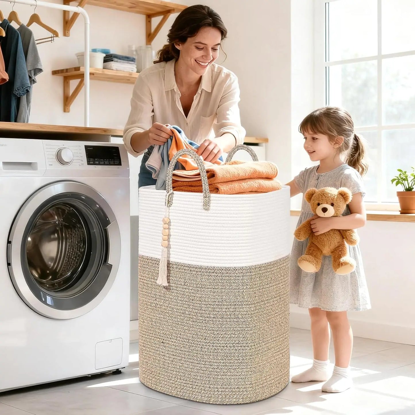 Woven Laundry Basket with Bead Tassel, Large Rectangle Hamper for Clothes, Nursery Storage