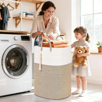 Woven Laundry Basket with Bead Tassel, Large Rectangle Hamper for Clothes, Nursery Storage