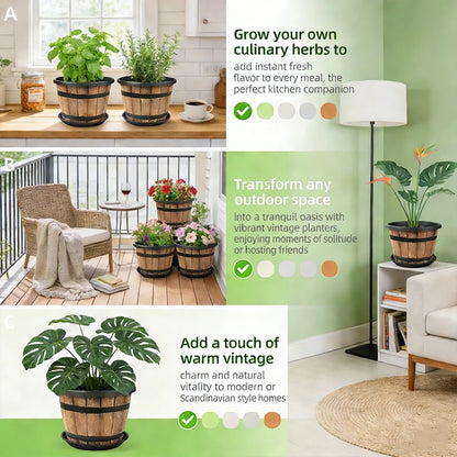 Indoor Large Flower Planter Resin Plant Pot Outdoor Imitation Wooden Barrel for Balcony Garden, Home Office Decor