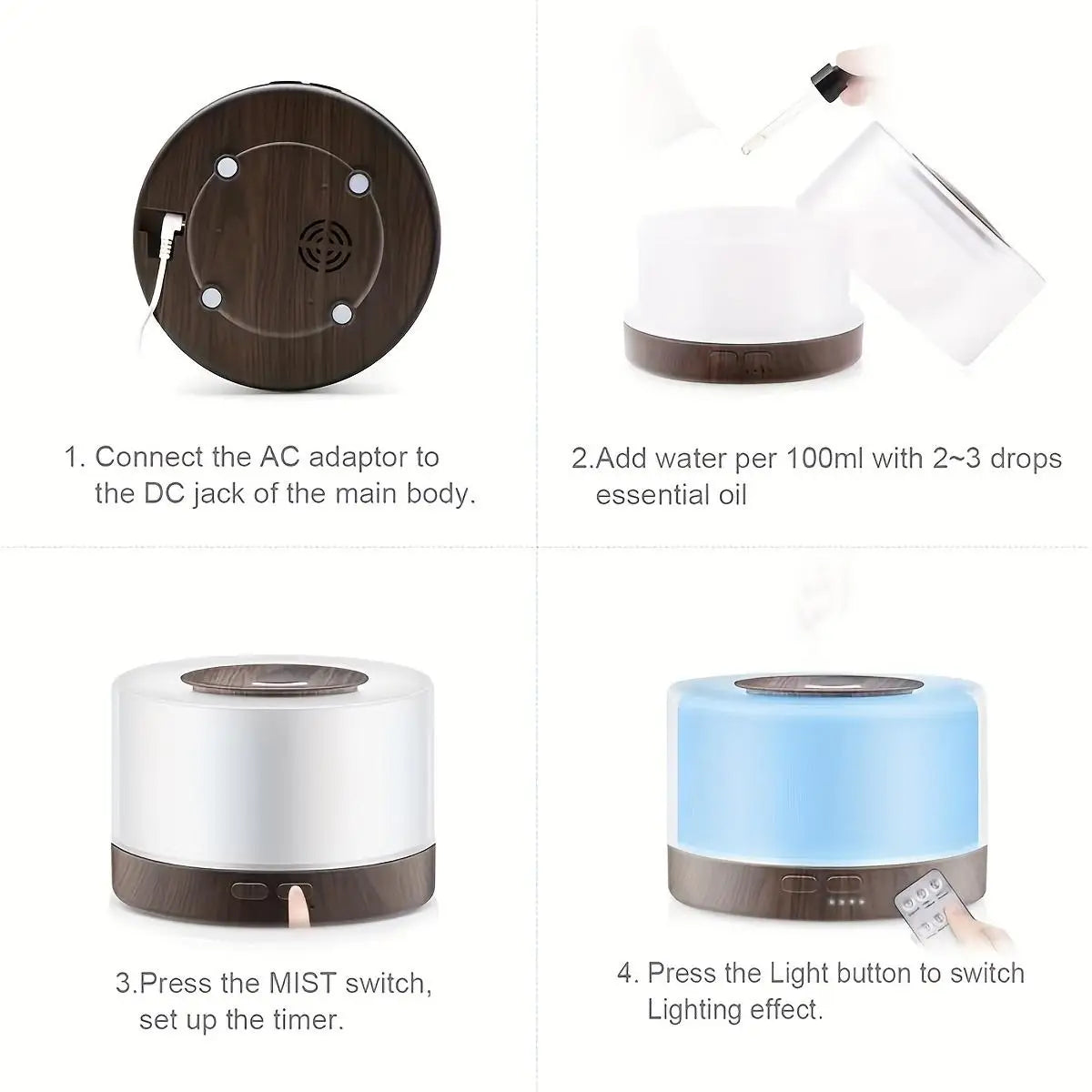 Stylish Wood Grain Diffuser Set Cool Mist Humidifier with Remote, 7 LED Colors & 6 Essential Oils