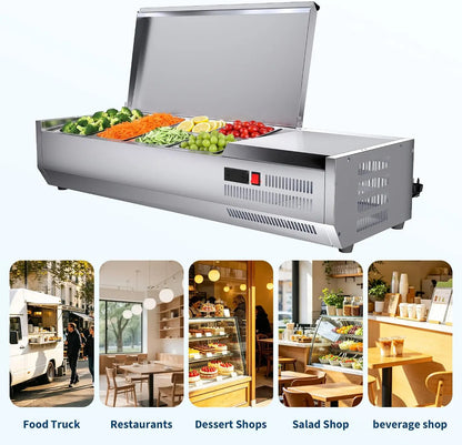 45” Commercial Refrigerated Condiment Prep Station Refrigerator 135W Countertop Refrigerated Salad Bar