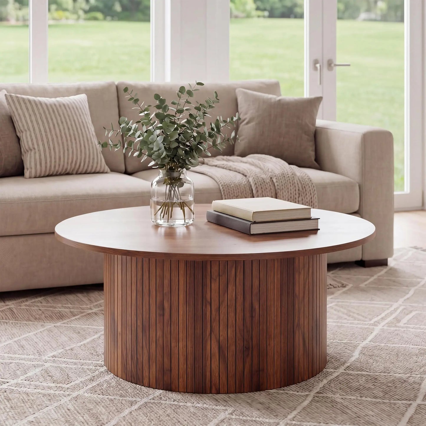 Modern Fluted Drum Coffee Table Round Accent Center Table
