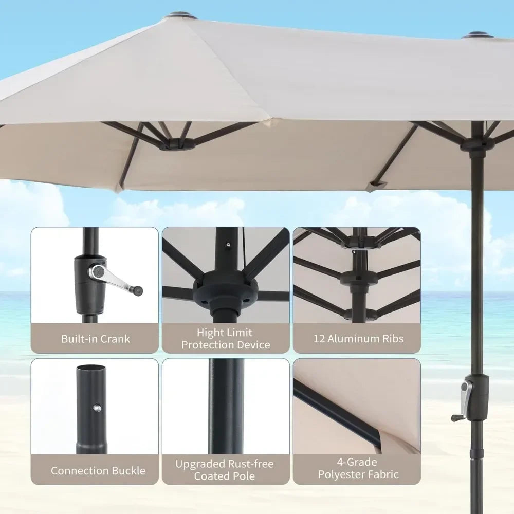 Large terrace umbrella, outdoor double-sided rectangular market umbrella with 12 ribs for UV protection