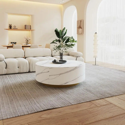 Round Coffee Table with 2 Drawers, Sintered Stone Tabletop and Golden Base, Center Table
