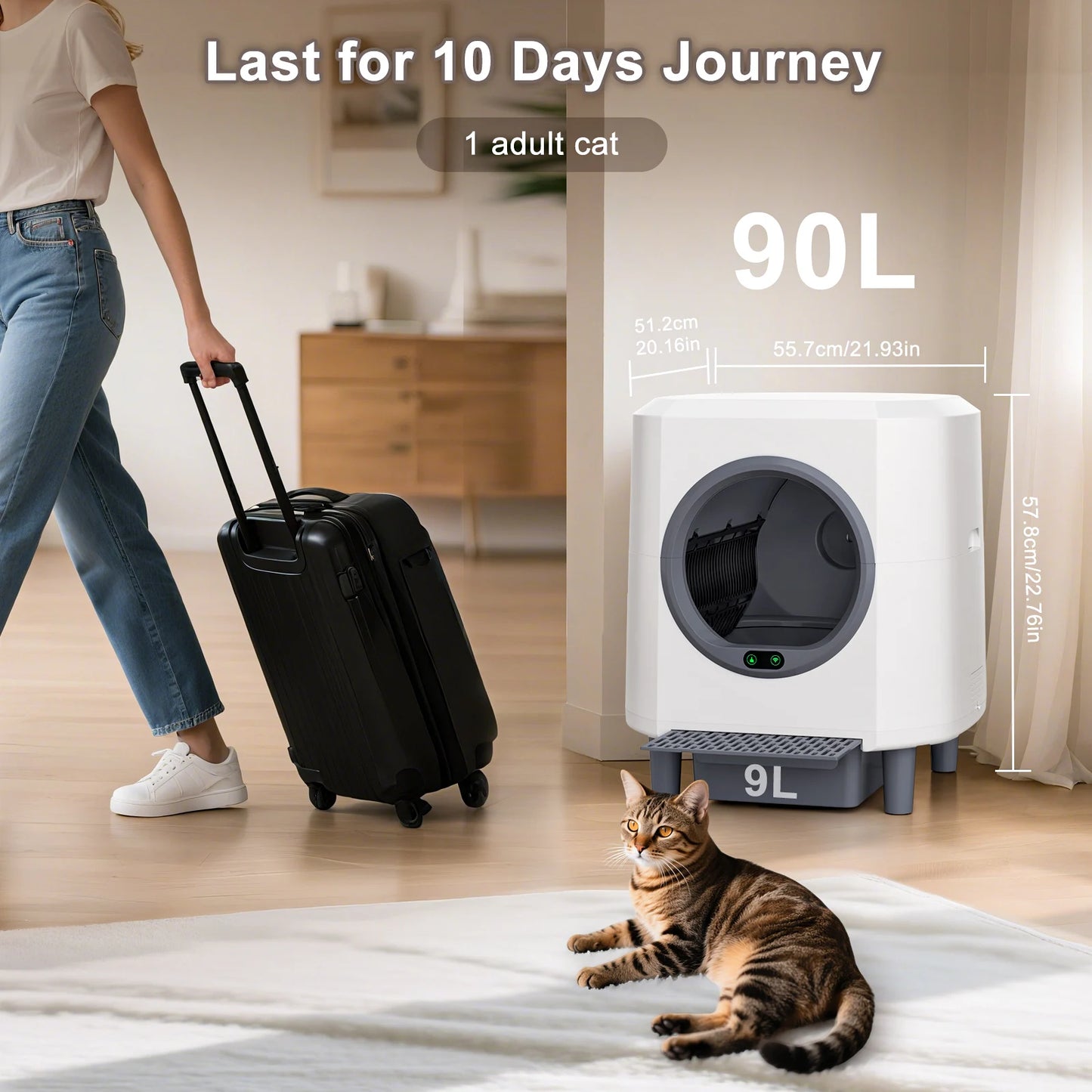 Automatic Self-Cleaning Litter Box, Odor Control, 90L Large Capacity with APP Control and Safety, with 3 Rolls Garbage Bags