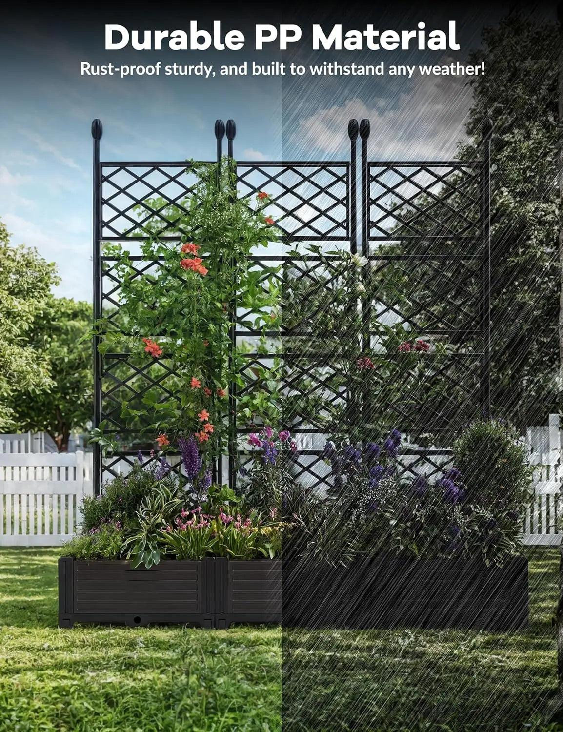3Pcs Outdoor Raised Planter Box with Trellis Plastic Raised Garden Beds and Metal Trellis for Climbing Plants