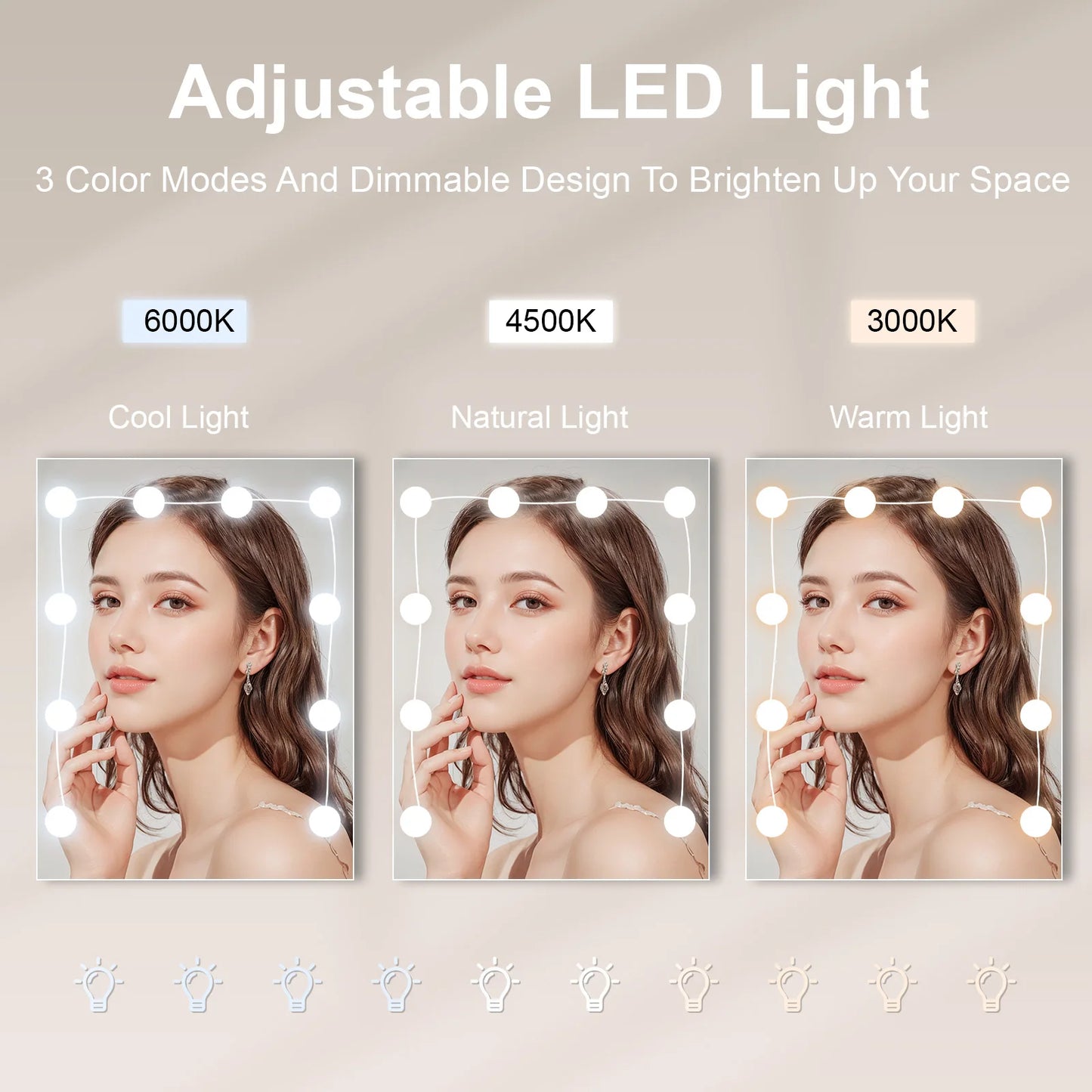 Modern White Dressing Table Stool Set with 3-Color Adjustable LED Light Mirror 4 Drawers.