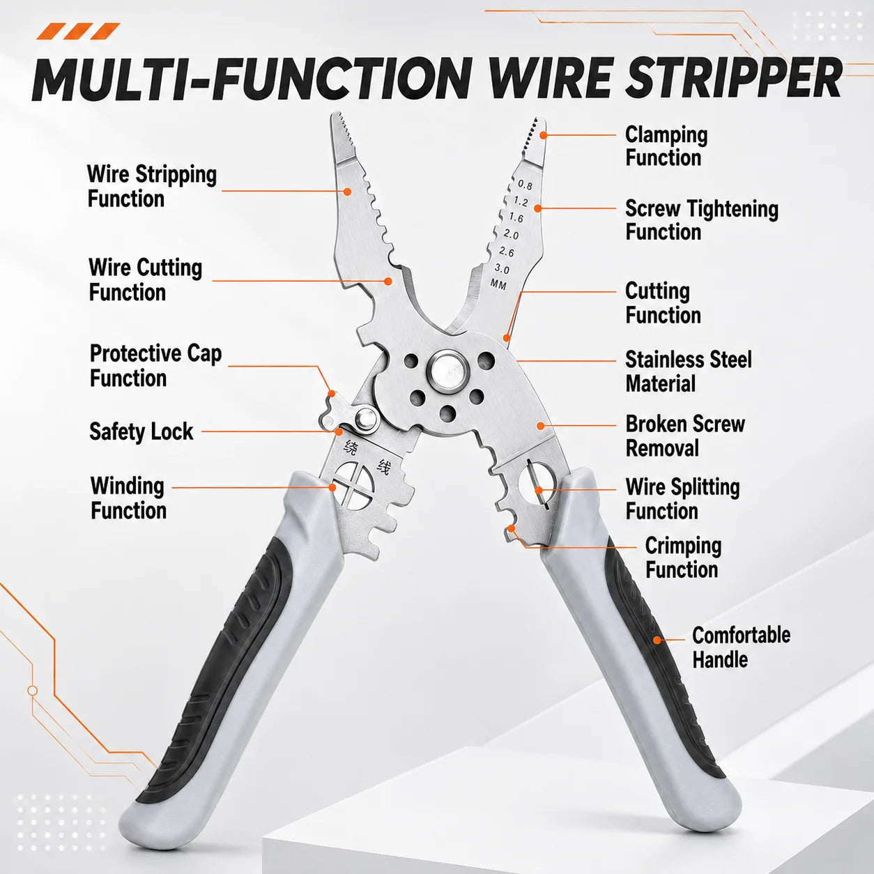 8.5 Inch Multi-Functional Industrial Wire Stripper Cutter Crimper Heavy Duty Stainless Steel Electrical