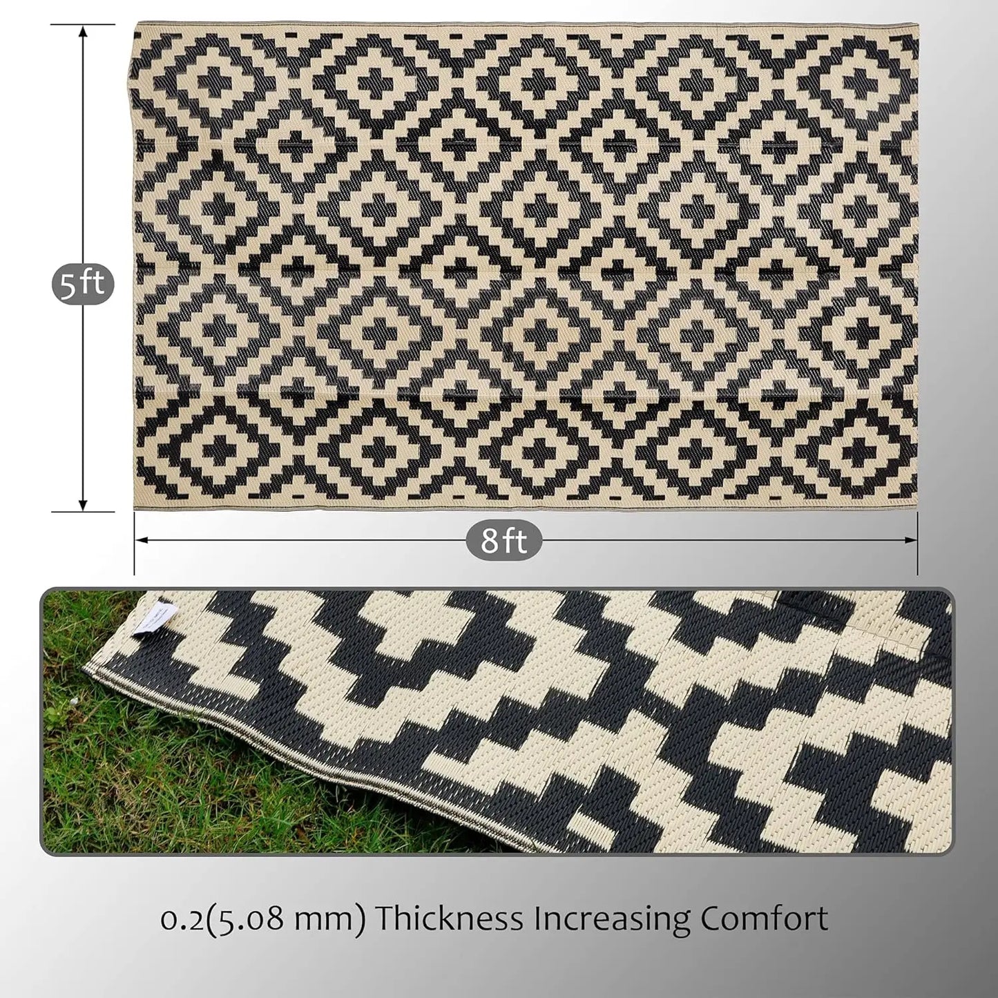 Waterproof Outdoor Rug 5x8 ft, Reversible Plastic Mat for Patio, Backyard, Beach, Camping in Black & Beige
