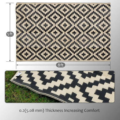 Waterproof Outdoor Rug 5x8 ft, Reversible Plastic Mat for Patio, Backyard, Beach, Camping in Black & Beige