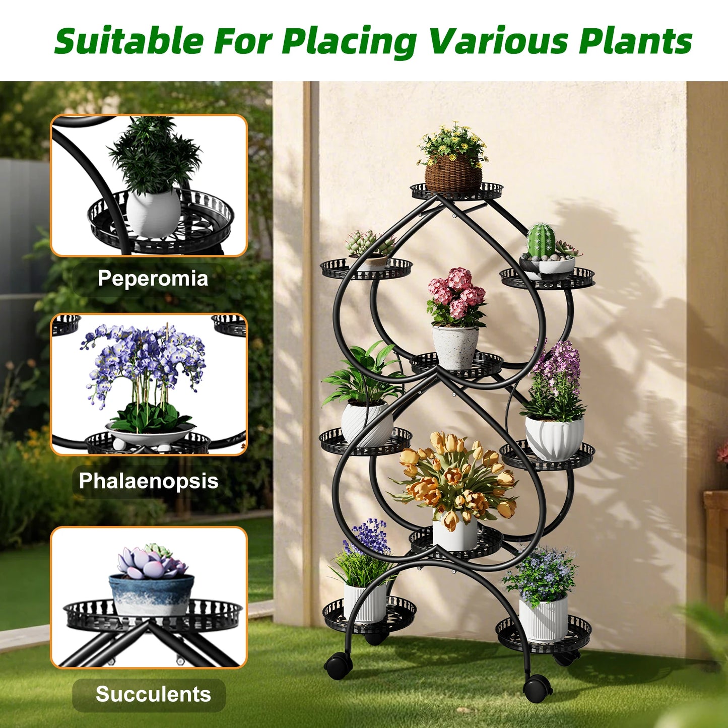 9-Potted Metal Tall Plant Stand with Wheels Flower Display