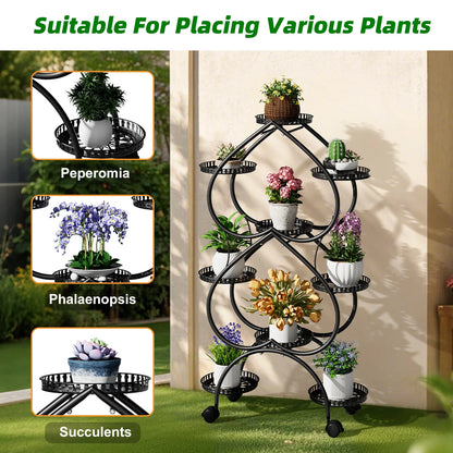9-Potted Metal Tall Plant Stand with Wheels Flower Display