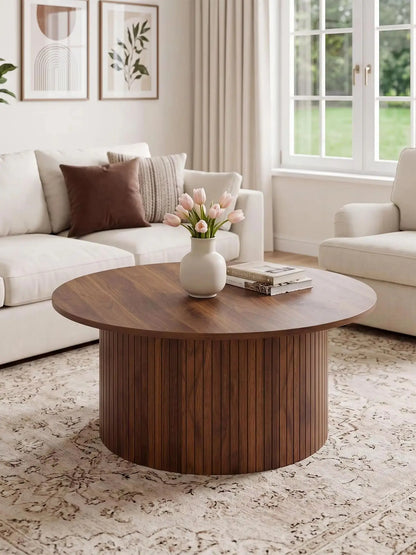 Modern Fluted Drum Coffee Table Round Accent Center Table