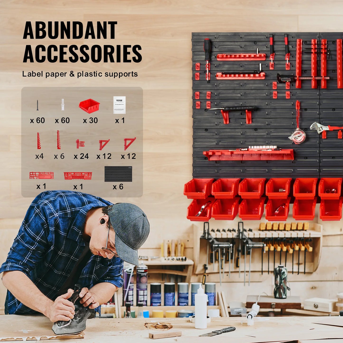 Wall Mounted Storage Bins Parts Rack Organizer Garage with Wall Panels Hooks Plastic Shop Tool