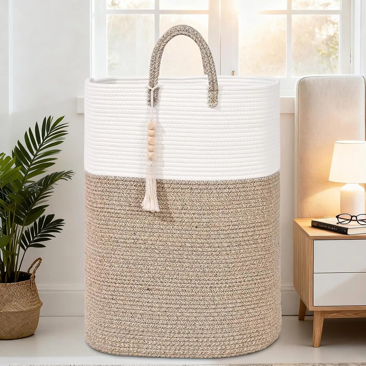Woven Laundry Basket with Bead Tassel, Large Rectangle Hamper for Clothes, Nursery Storage