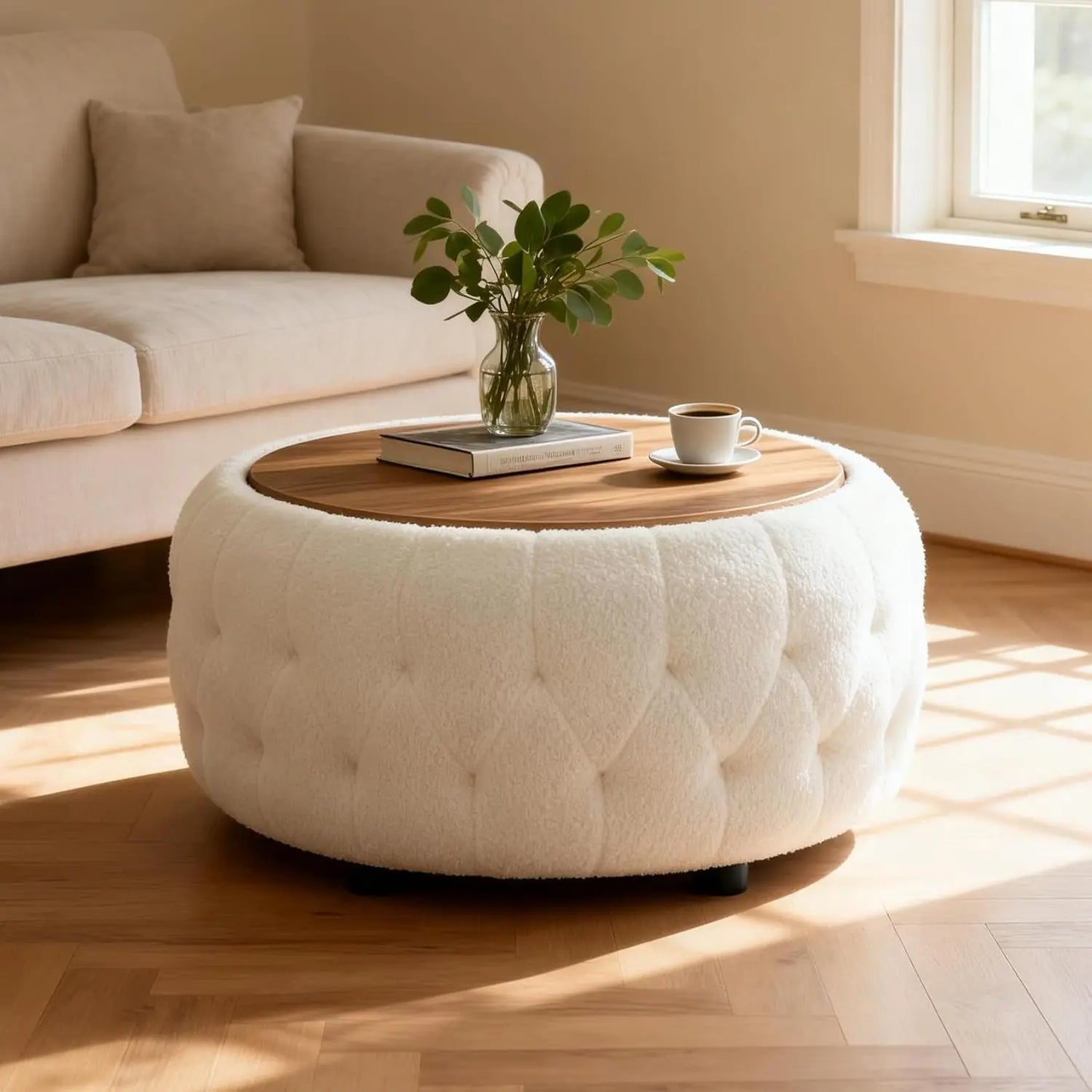 30 Inches Large Round Storage Ottoman, Coffee Table, Wooden Top, Soft Teddy Fabric