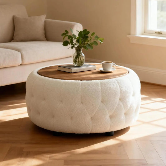 30 Inches Large Round Storage Ottoman, Coffee Table, Wooden Top, Soft Teddy Fabric