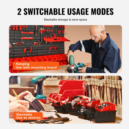 Wall Mounted Storage Bins Parts Rack Organizer Garage with Wall Panels Hooks Plastic Shop Tool