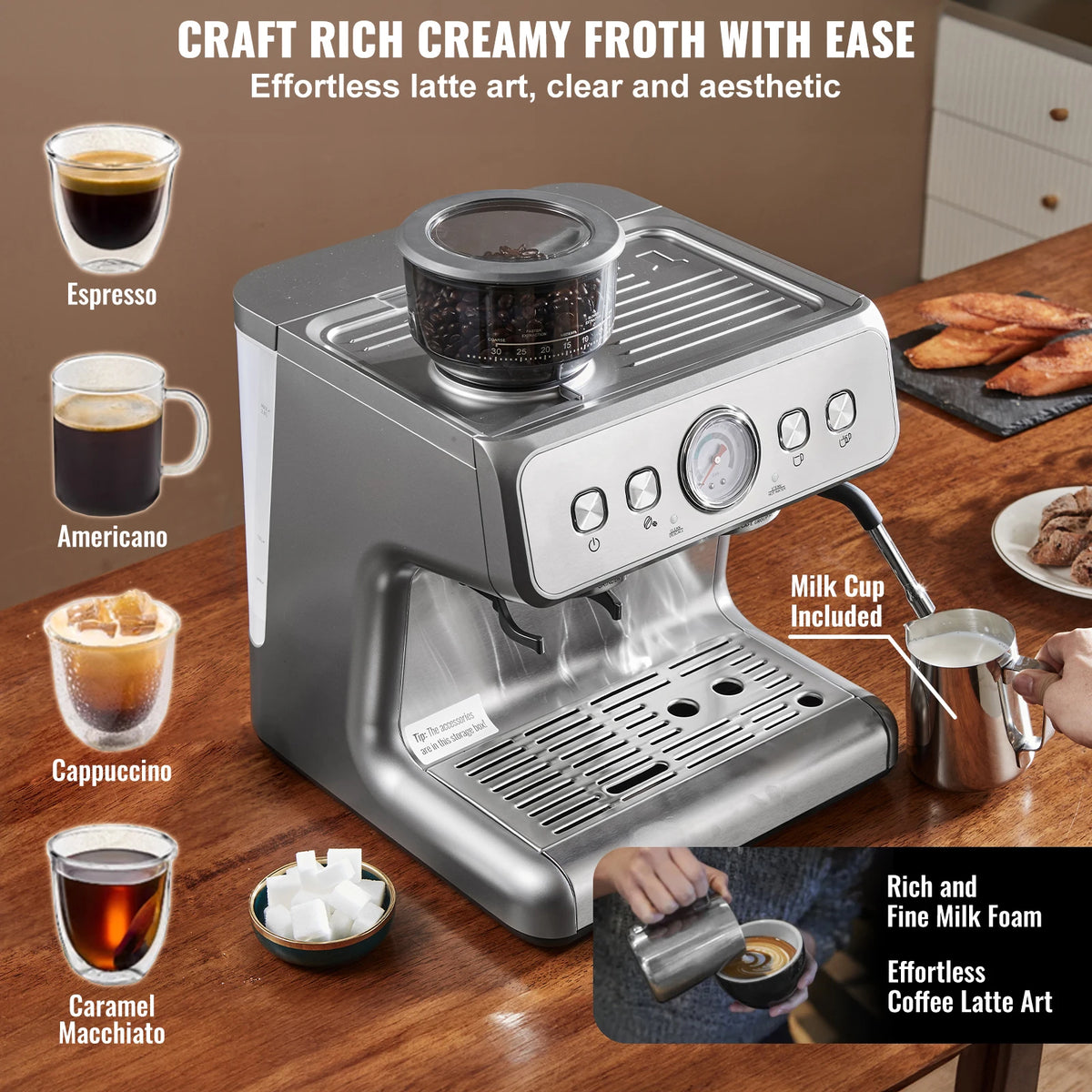 Espresso Machine with Grinder 15 Bar Semi-Automatic Espresso Coffee Maker with Milk Frothed Steam