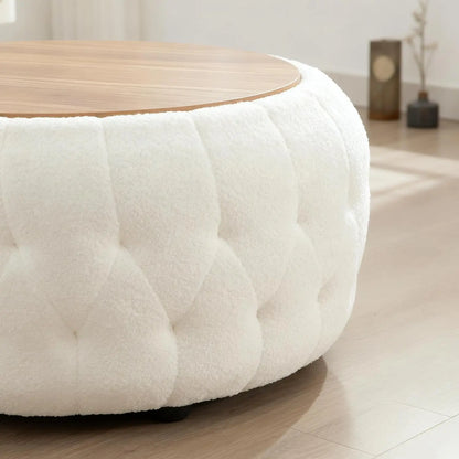 30 Inches Large Round Storage Ottoman, Coffee Table, Wooden Top, Soft Teddy Fabric