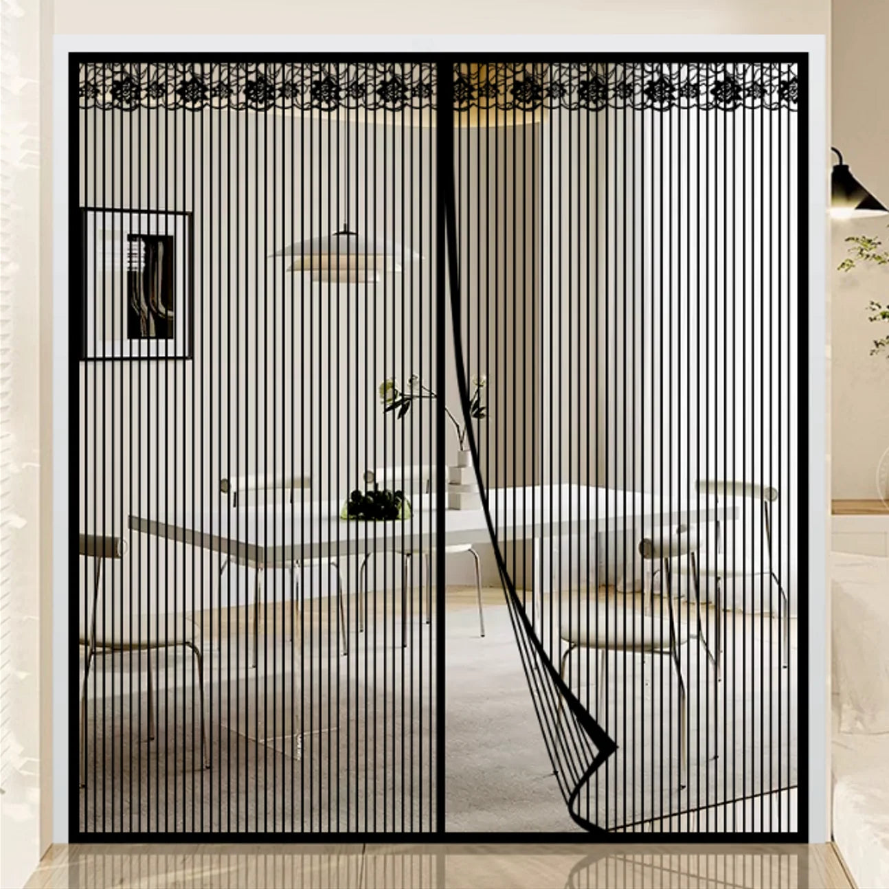 Extra Large Summer Black Striped Magnetic Screen Door Mesh Curtain