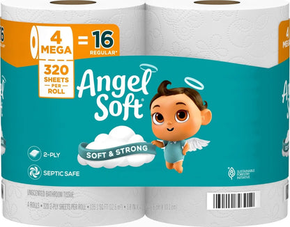Angel Soft Toilet Paper, Pack-6Mega Rolls = 24Regular Rolls, Soft and Strong Cleaning Supplies, Buy One Get One Free