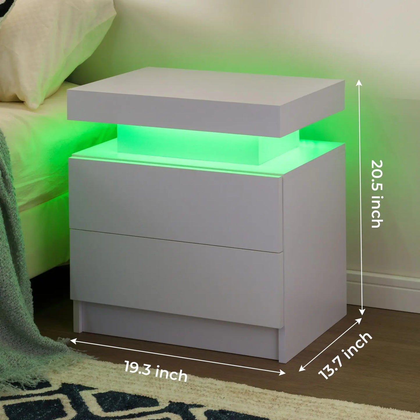 Set of 2 LED Nightstand with 2 Drawers, with LED Lights