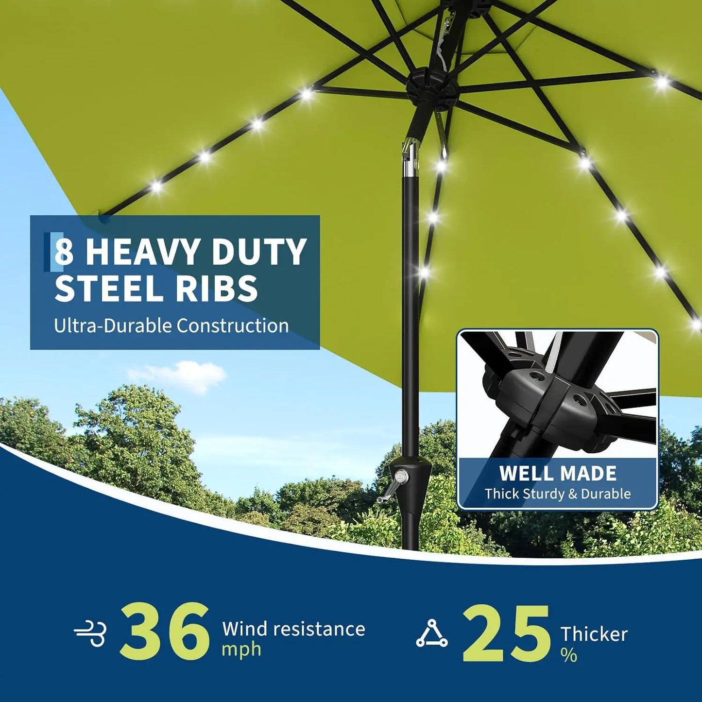 9FT Solar Patio Umbrella with 32 LED Lights - Outdoor Table Umbrella with Crank Lift, Push Button Tilt and 8 Sturdy Ribs
