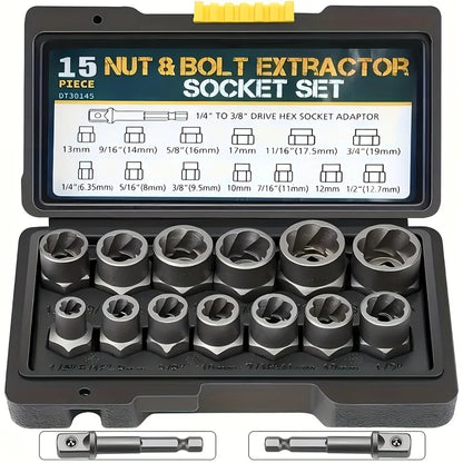 15pc Nut Extractor Set w/ Knockout Bar & 1/4"-3/8" Adapter, Bolt & Nut Remover Kit