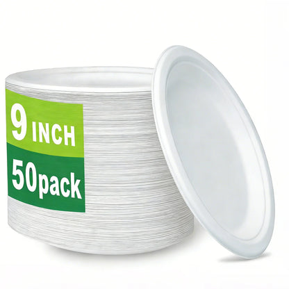 50-Pack 9-Inch Food-Grade Disposable Dinner Plates Leak-Proof & Microwave-Safe