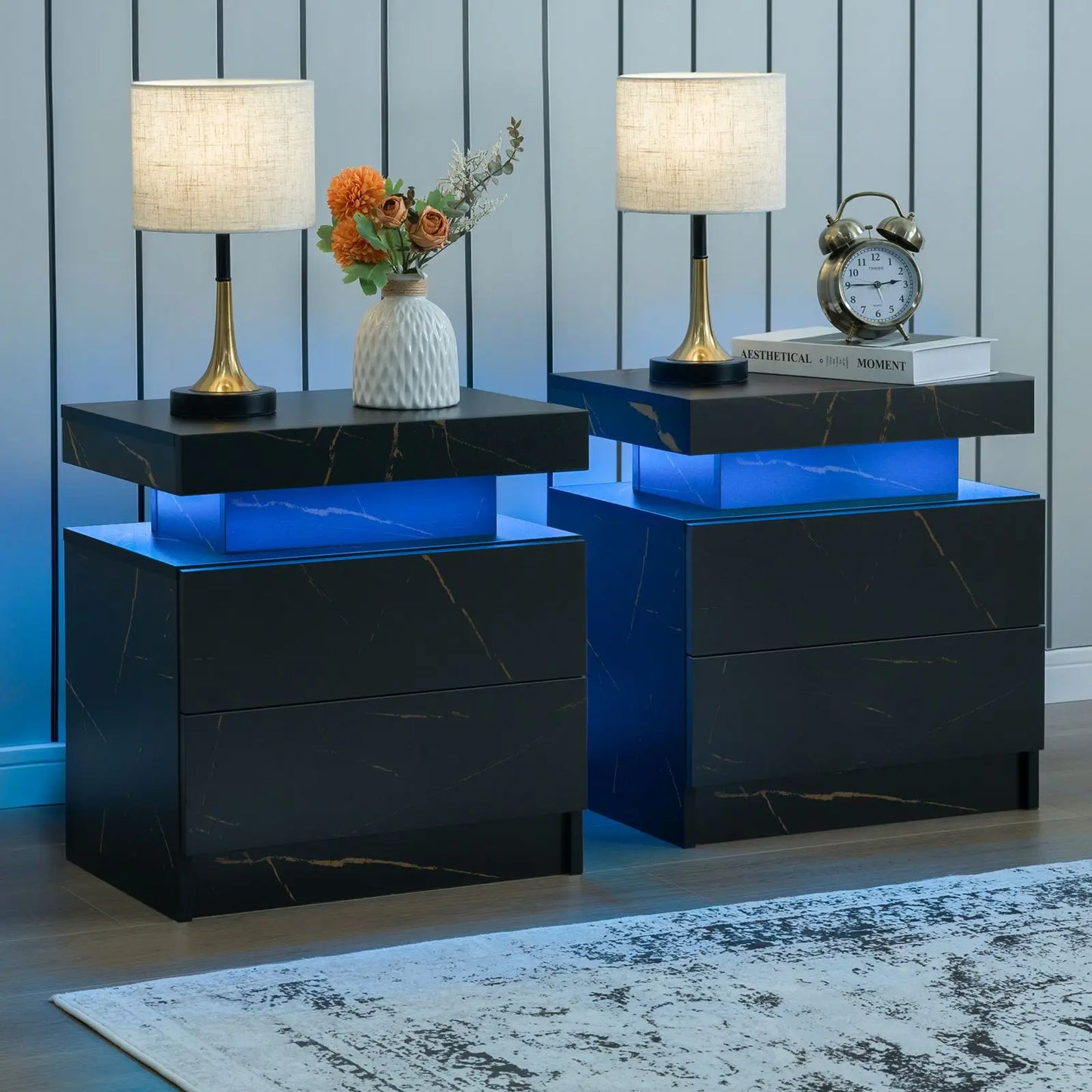Set of 2 LED Nightstand with 2 Drawers, with LED Lights