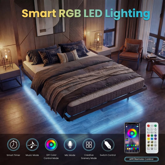 Heavy Duty Floating Bed Frame with Smart LED Lights and Charging Station, No Box Spring Needed