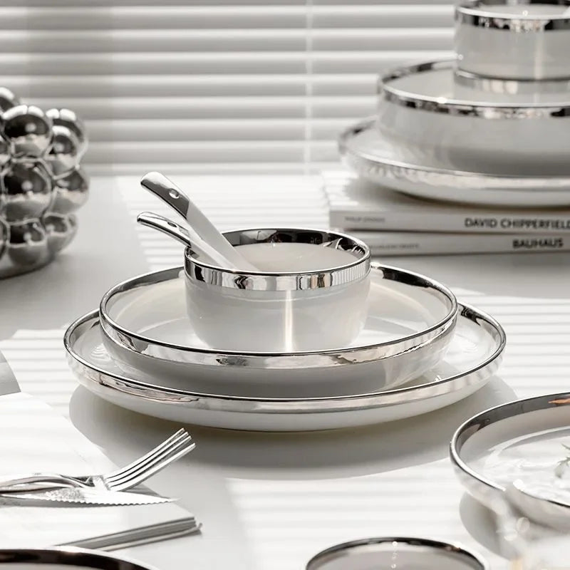 White Ceramic Plates With Silver Steak Serving Plate Bowls Ins Dinnerware set