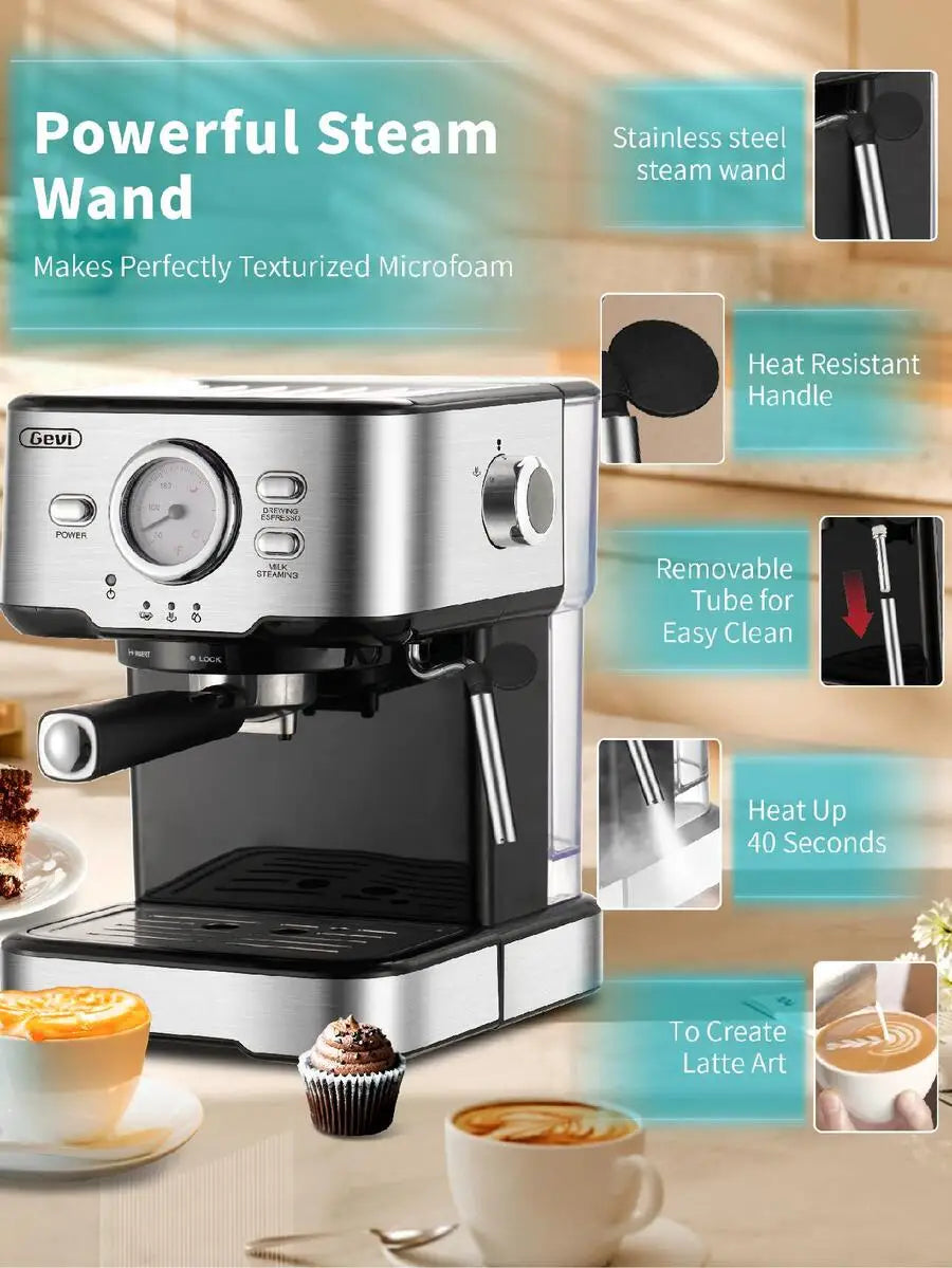Espresso Machine 15 Bar Pump Pressure, Cappuccino Coffee Maker with Milk Foaming Steam Wand for Latte, Mocha