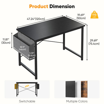 Computer Office Desk Writing Study Gaming Table with Storage Bag Metal Frame Wood Tabletop Easy Assembly