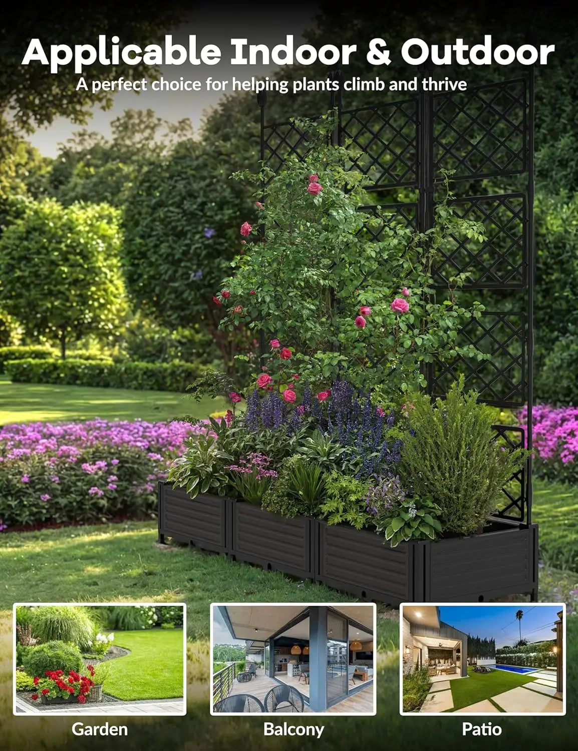 3Pcs Outdoor Raised Planter Box with Trellis Plastic Raised Garden Beds and Metal Trellis for Climbing Plants