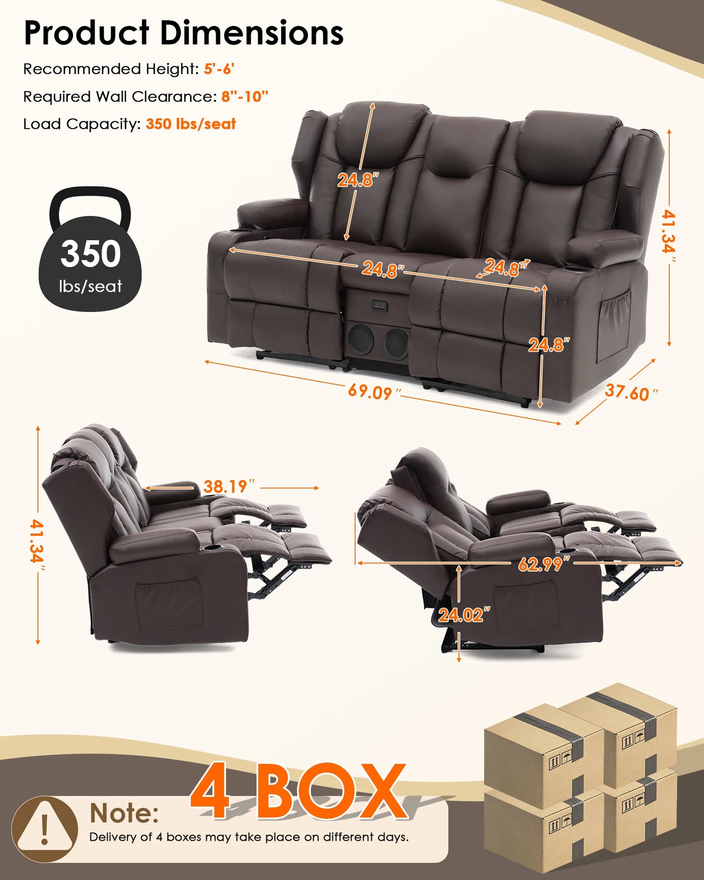Redlife Loveseat Recliner Sofa with Heating & Massage,USB & Power Outlet,Home Theater.