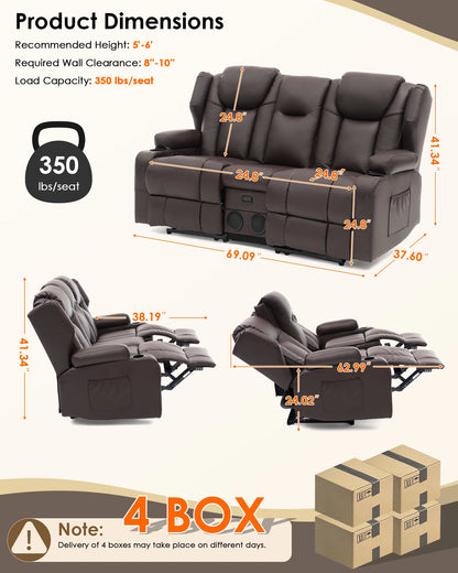 Redlife Loveseat Recliner Sofa with Heating & Massage,USB & Power Outlet,Home Theater.