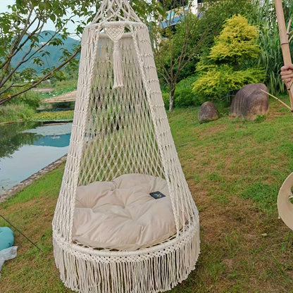 Handmade woven tassel hanging swing indoor or outdoor hammock does not include seat cushion