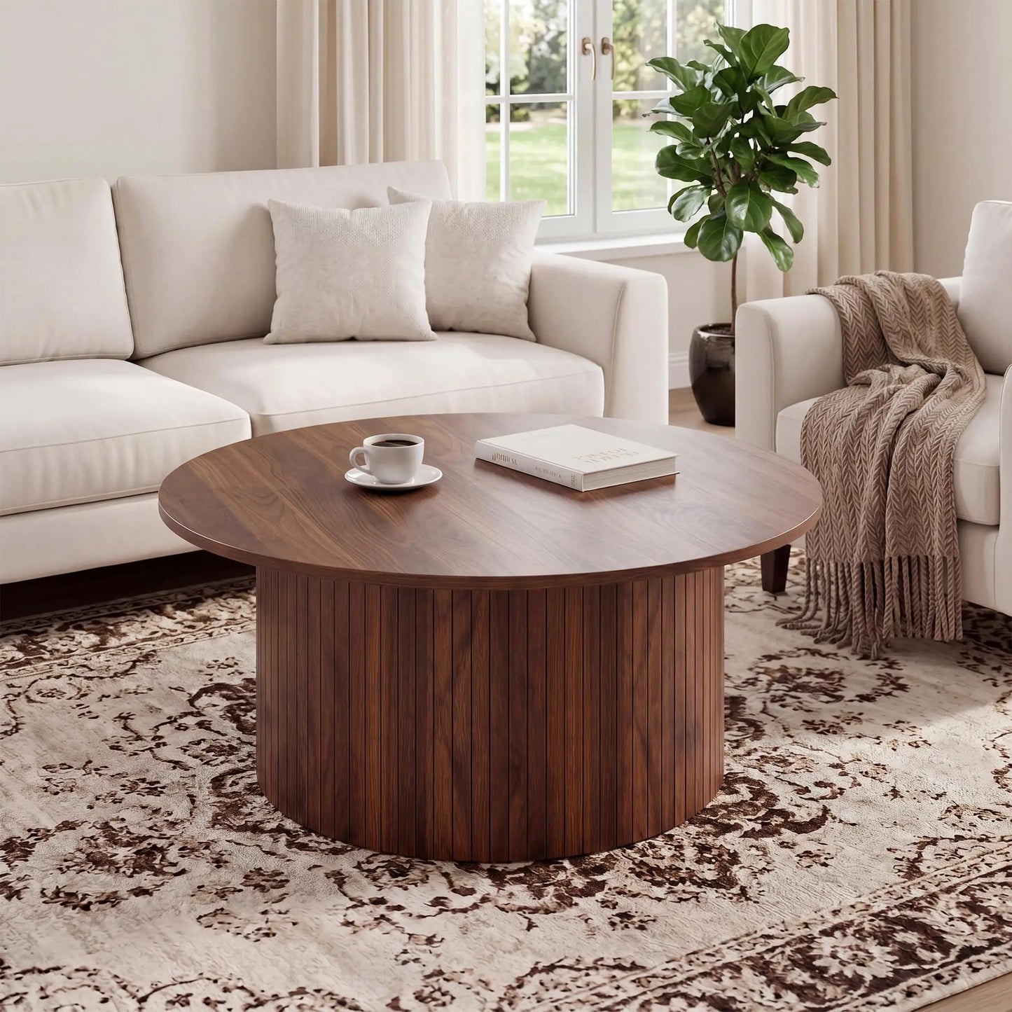 Modern Fluted Drum Coffee Table Round Accent Center Table