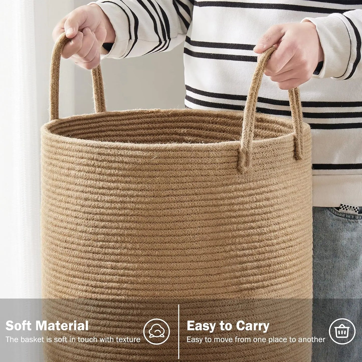 Large Storage Basket Tall Woven Laundry Hamper with Handles Foldable Cotton Rope