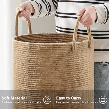 Large Storage Basket Tall Woven Laundry Hamper with Handles Foldable Cotton Rope