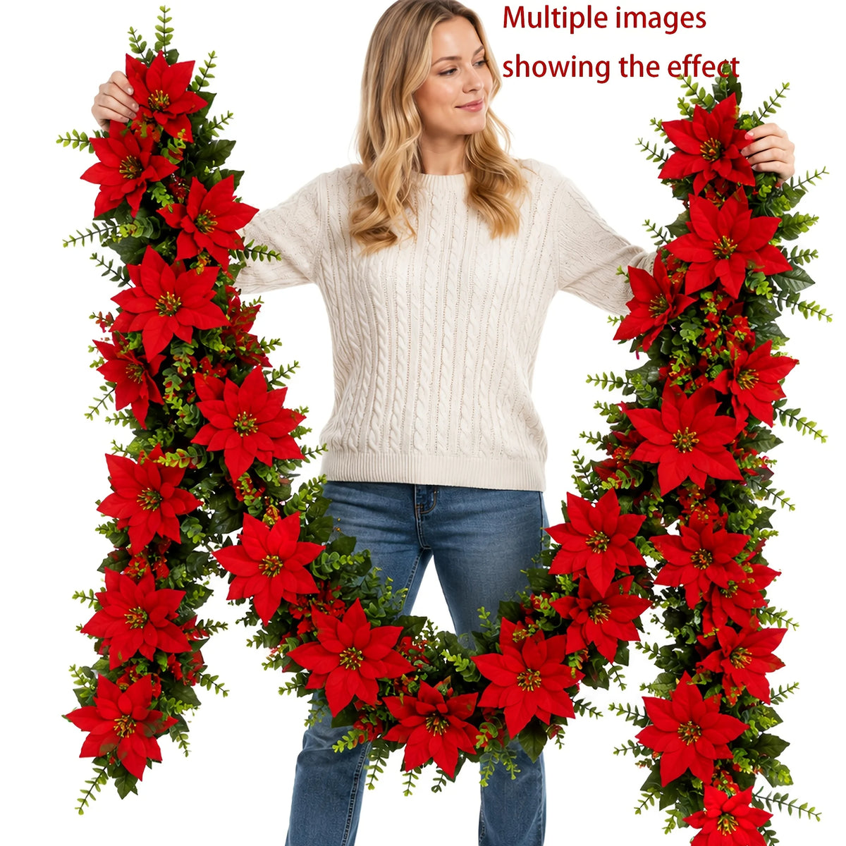 2Pcs Artificial Christmas Garland Red Poinsettia Eucalyptus Faux Flower