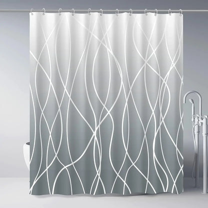 unframed Modern black and white striped corrugated fabric bathroom shower curtain.