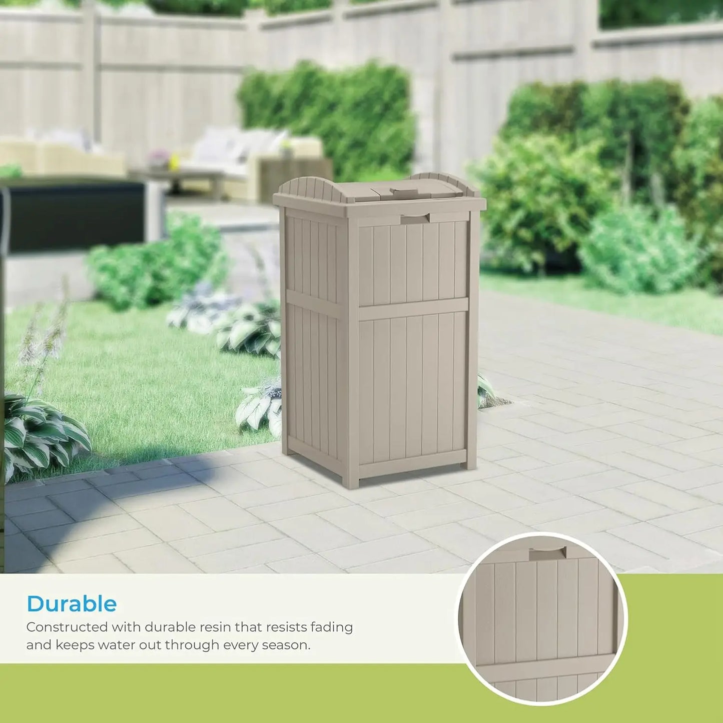 30-Gallon Outdoor Trash Can with Lid, Weather-Resistant Resin, Wicker-Style Design for Patio