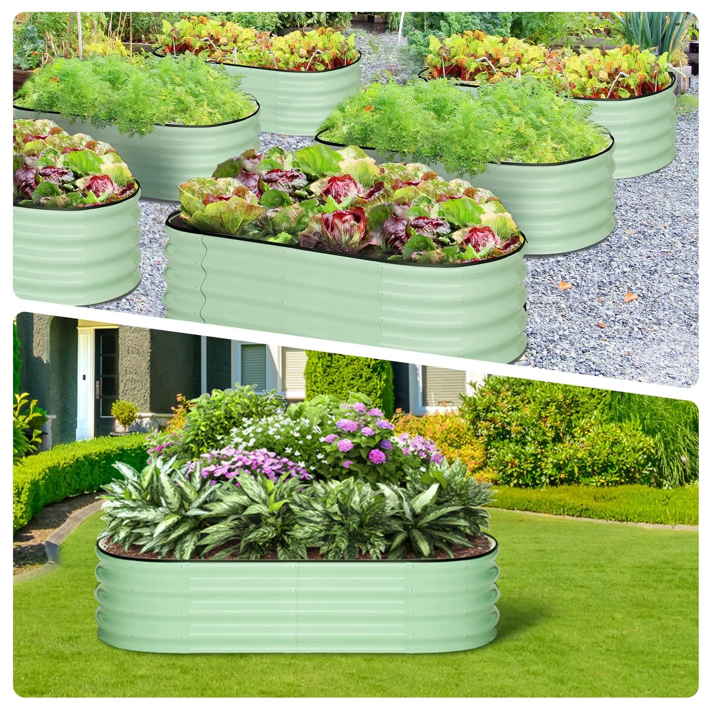 2-Pack Oval Galvanized Steel Raised Garden Bed Open Base Safety Edge Metal Plant