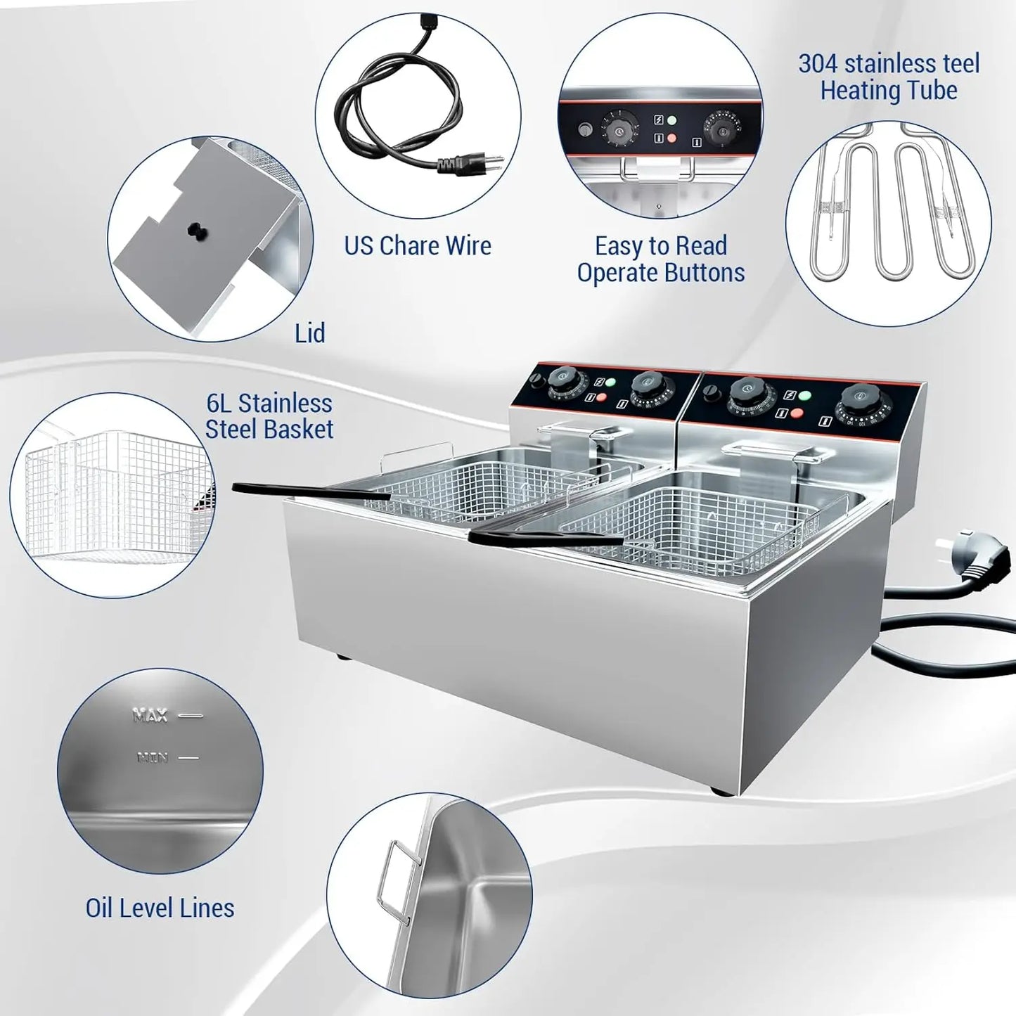 Commercial Electric Deep Fryer with Baskets Stainless Steel Adjustable Temperature Deep Fryer